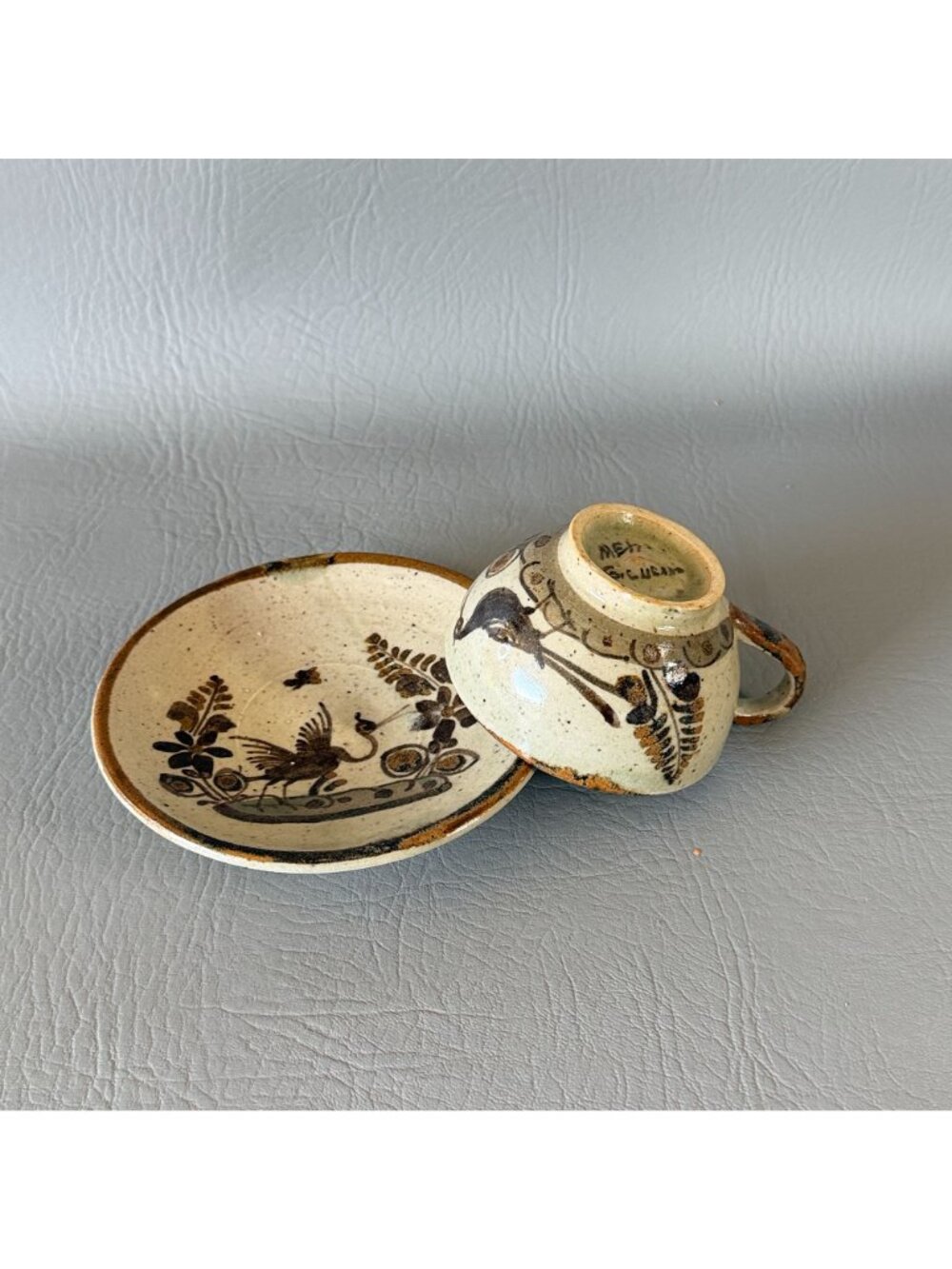 Vintage Tonala Mexico Studio Pottery Cup Saucer Set Signed S Lucas Bird 5.5" - Picture 3 of 16